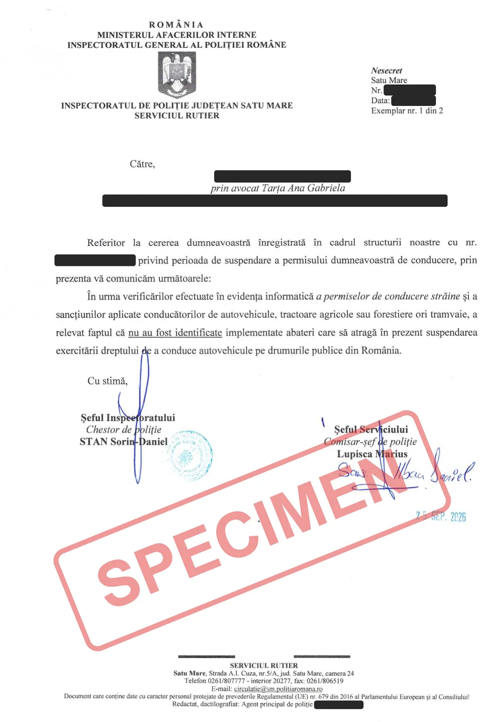Specimen răspuns al Serviciului Rutier pentru un permis de conducere emis în străinătate, date anonimizate